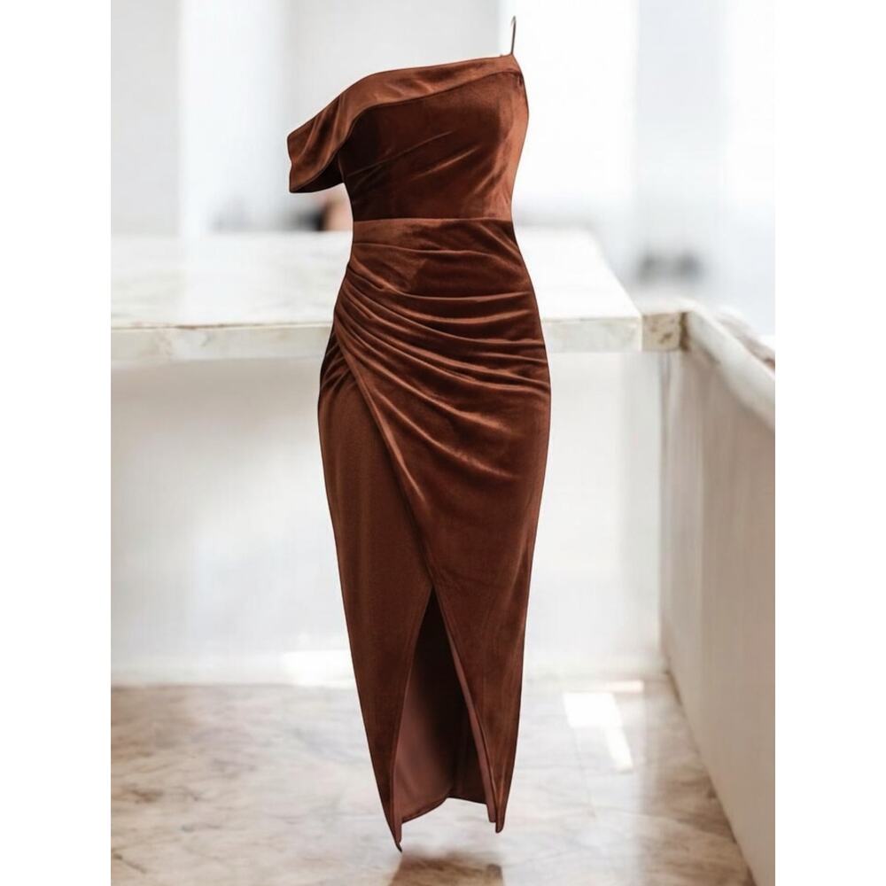 Lulus Brown Velvet Asymmetrical Tulip Dress Size M